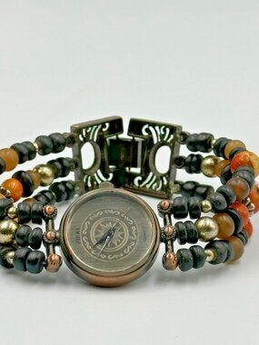 Fiera Watch Women Brass Tone Black Beaded Wooden Band New Battery 6.5 Inch